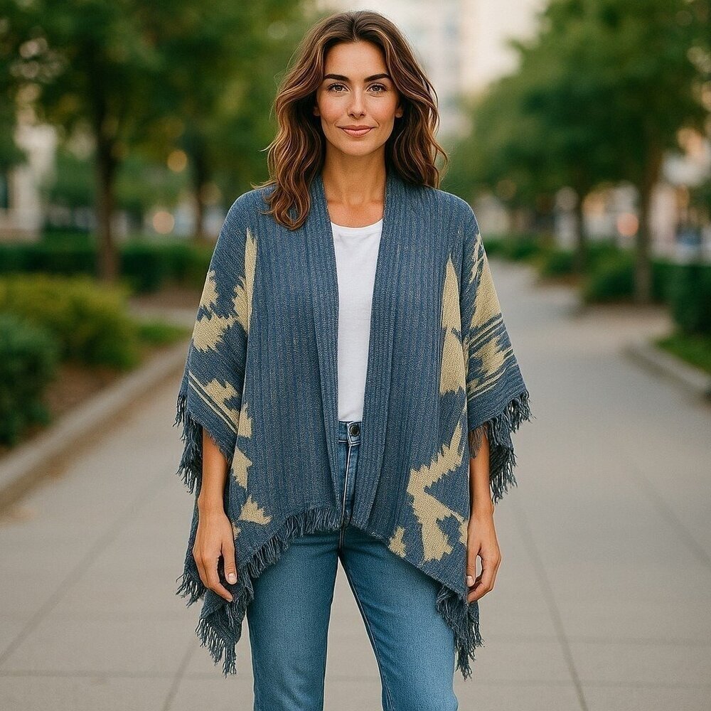 Ralph Lauren Cardigan Sweater Western Aztec Poncho Southwestern Fringe Medium MP - Picture 1 of 6